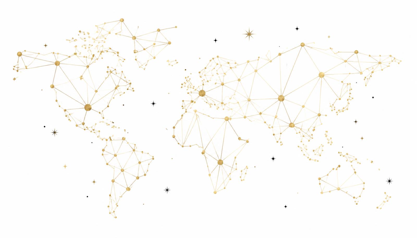 Gold constellation map of LOVE cities worldwide