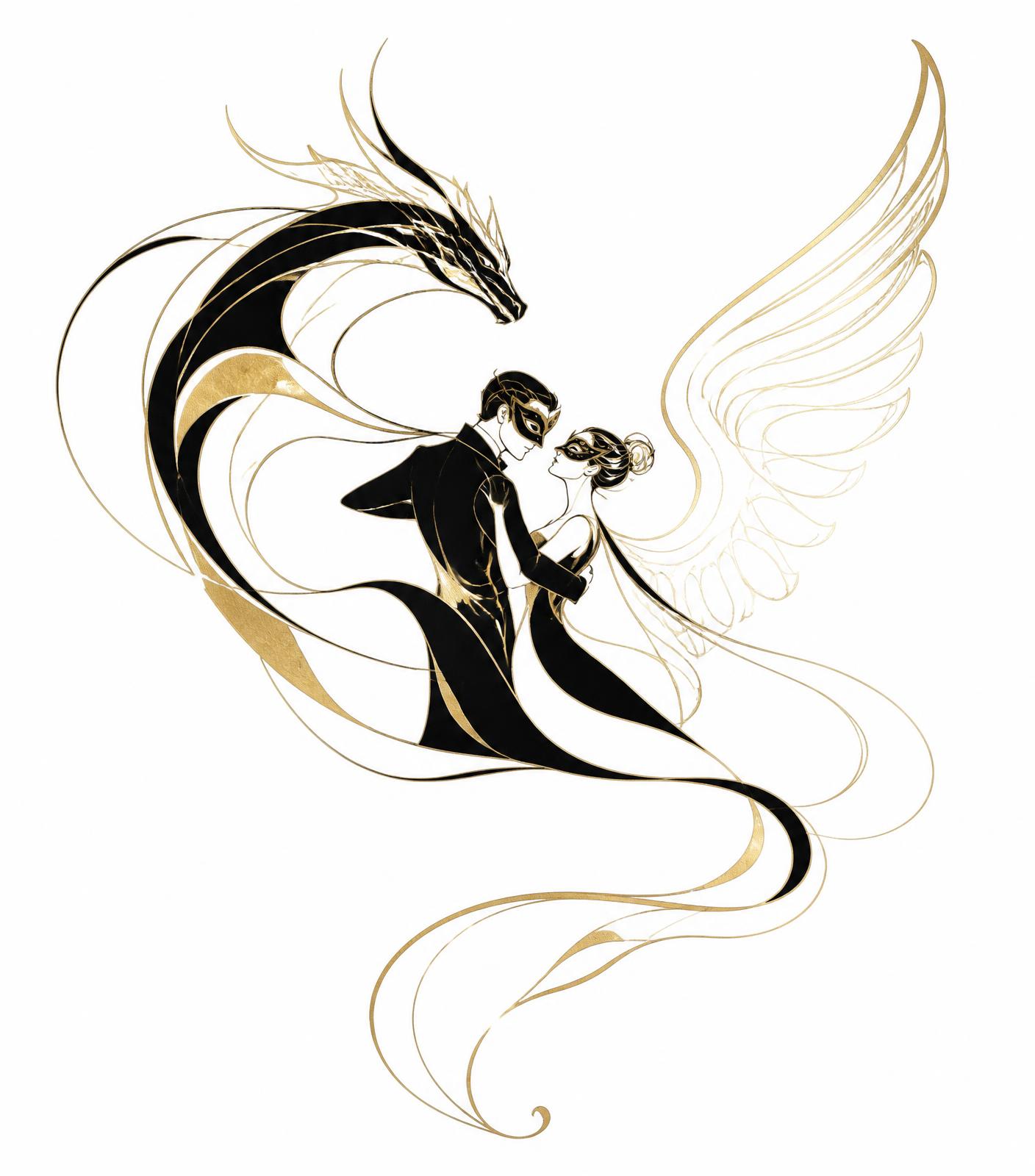 Gold and ink illustration of a masked Dragon and Angel dancing